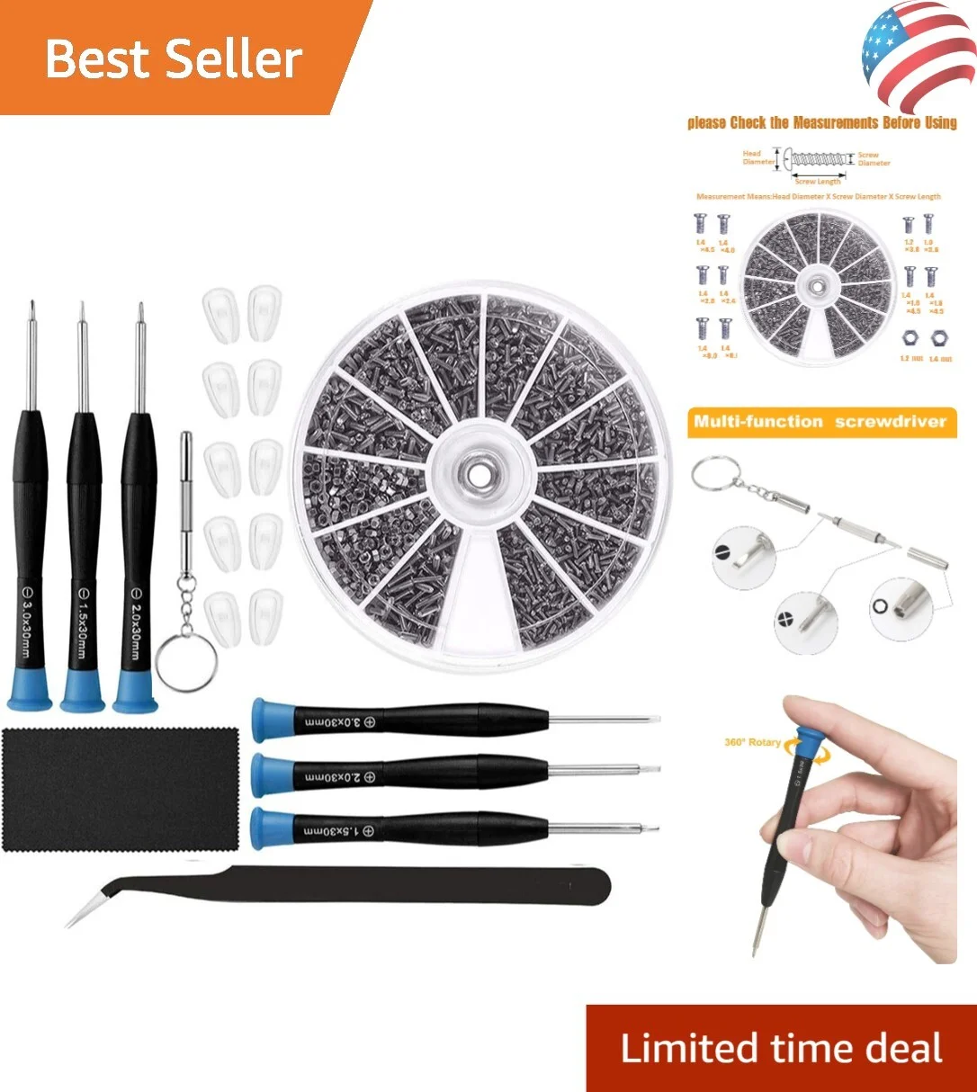 Complete Eyeglasses Repair Kit - Versatile - Nose Pads - Screws - Screwdrivers
